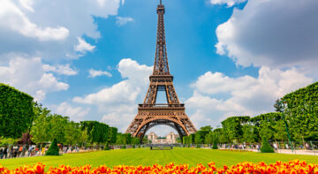 Eiffel Tower and spring tulips on Field of Mars, Paris, France