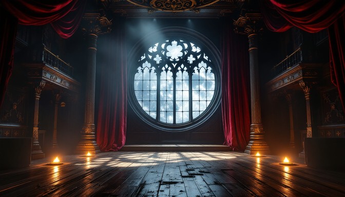 Gothic theater stage set for Drunk Dracula in Chicago this October