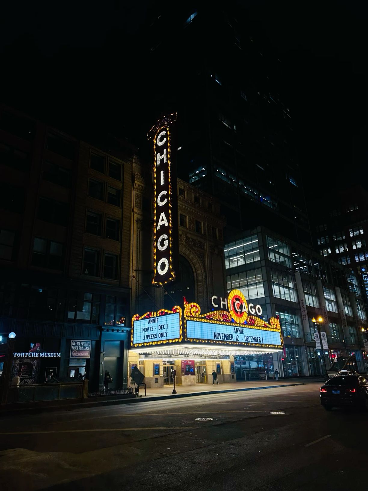 Chicago theater marquee at night