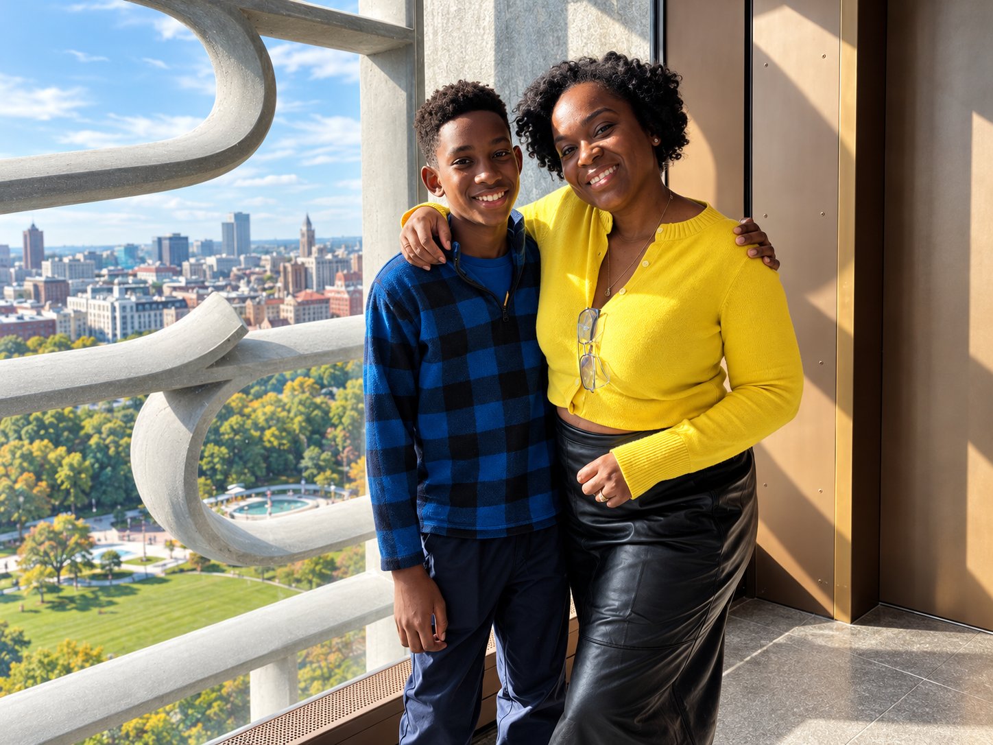 Ro'Shunda and her son at the Sky Room overlook with the Chicago skyline behind them