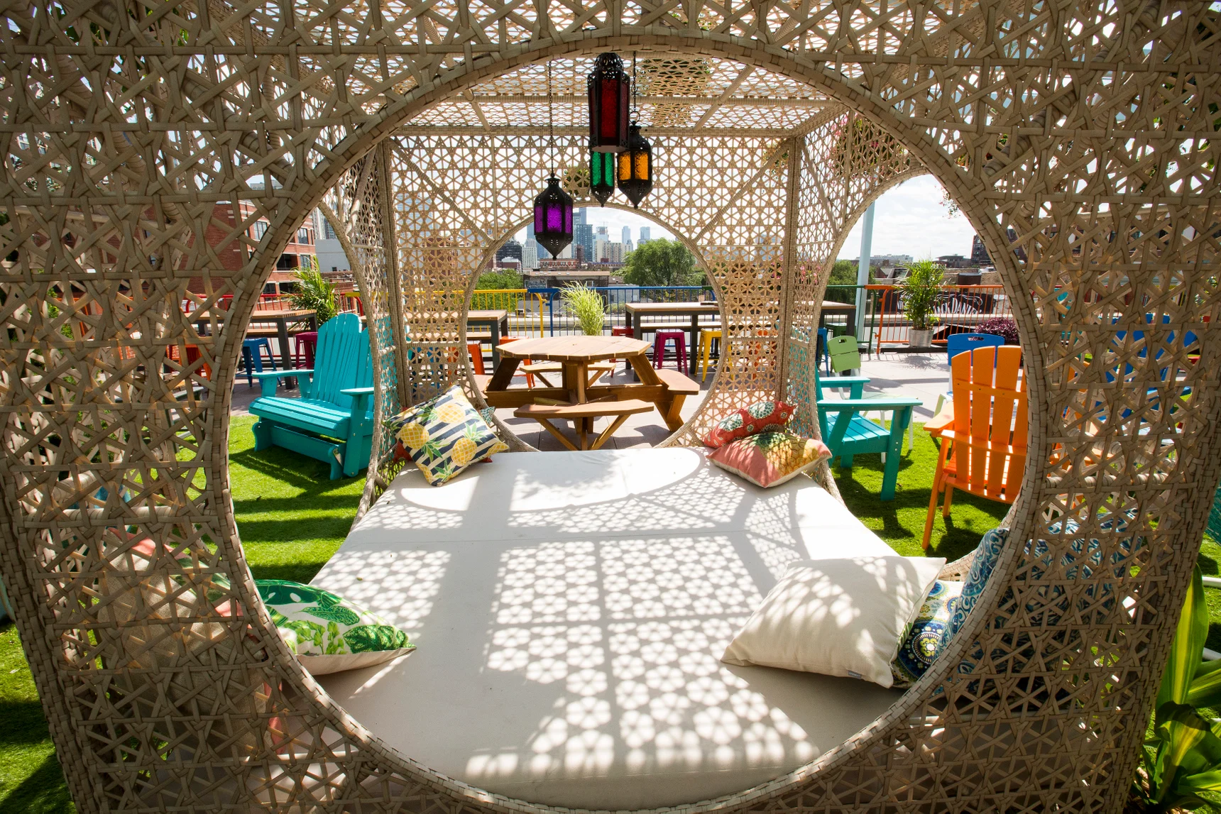 Cozy cabana seating at Utopian Tailgate Chicago rooftop bar